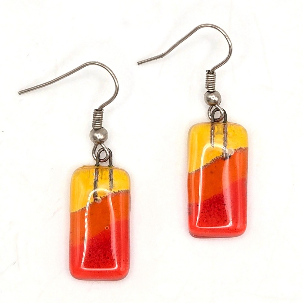 Handmade‎ Fused Glass Earrings Sunset Yellow Orange Red Rectangular Drop Dangle